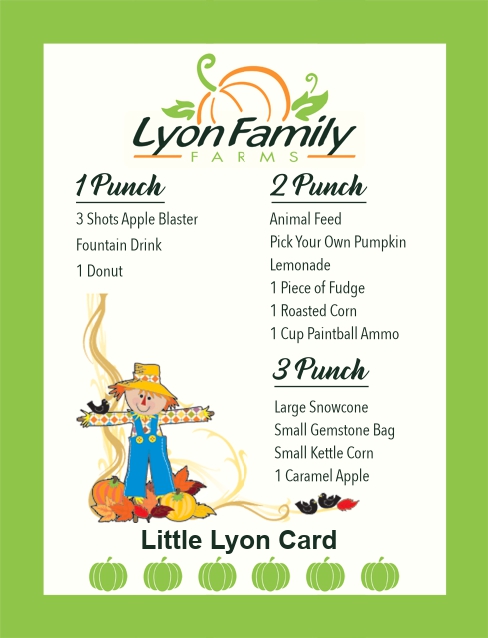 Lyon Family Farms punch card list with a scarecrow and green border for fall activities.