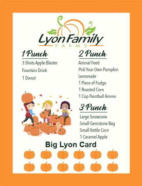 Lyon Family Farms punch card with activities and food options, featuring children with pumpkins.