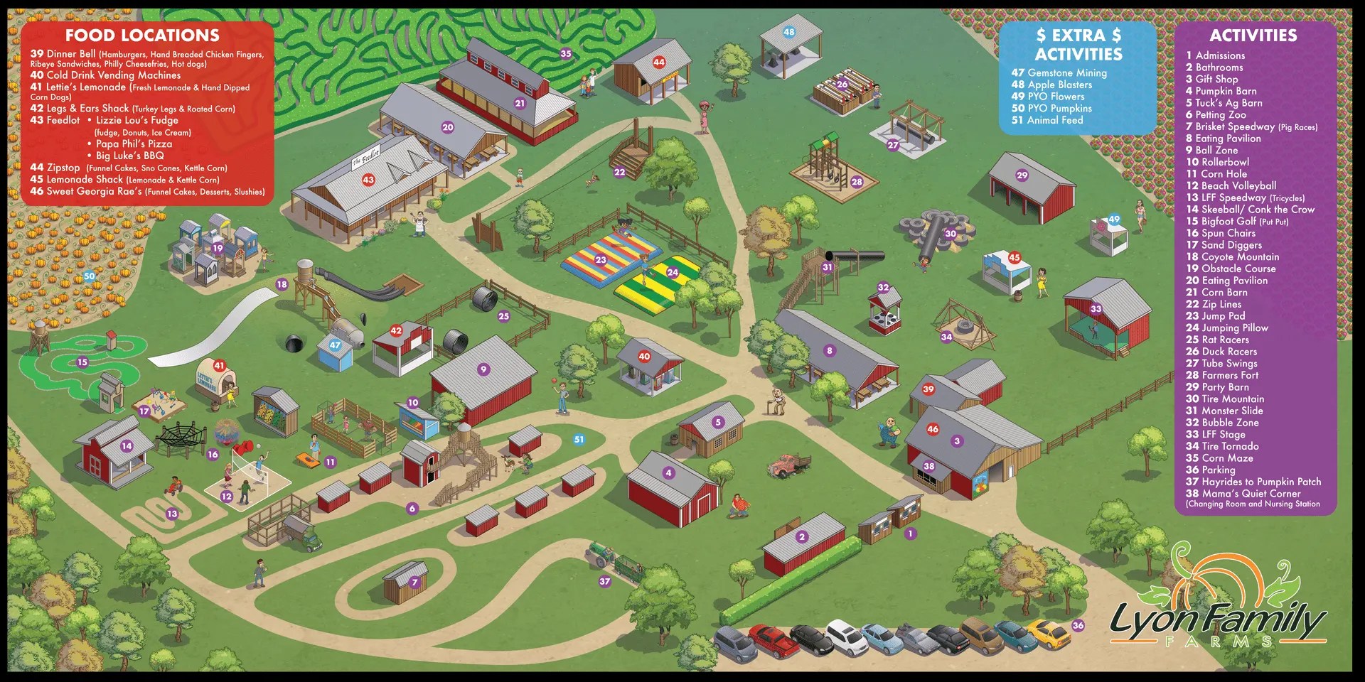 4x8Lyons2023p_original Illustrated map of Lyon Family Farms with labeled activities and food locations.