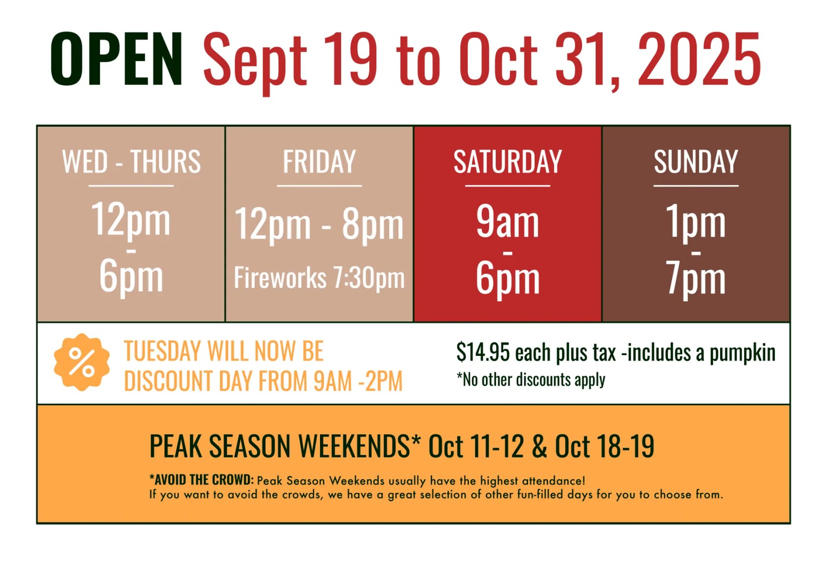 Lyons_2024_Calendar_2_InfoCard_original Pumpkin patch hours and pricing from Sept 19 to Oct 31, 2025, with peak season weekends highlighted.