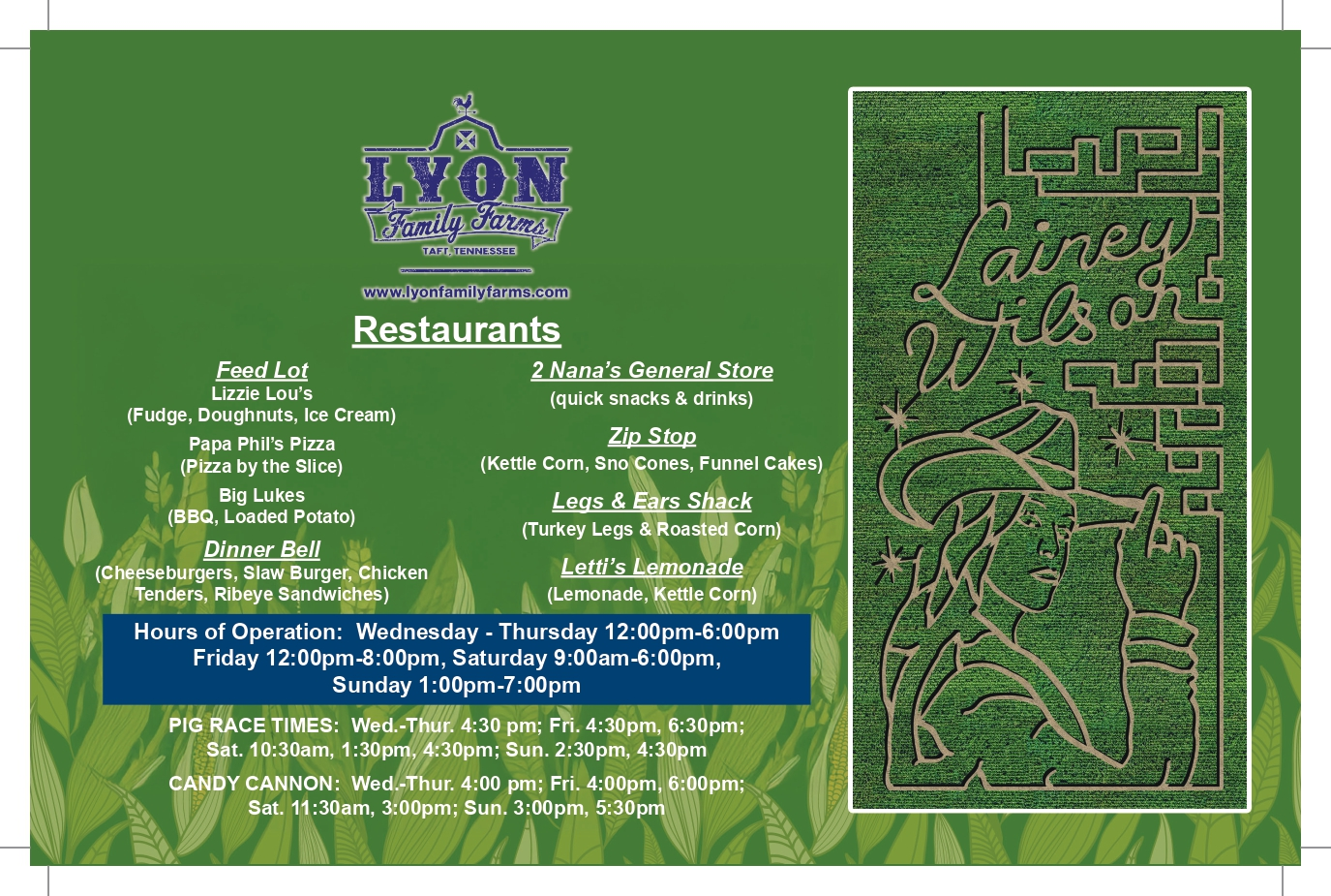 17581204048078-FLYERS2025-BACK_page-0001 Lyon Family Farms poster with restaurant list, hours, and a corn maze design of a woman in a cowboy hat.