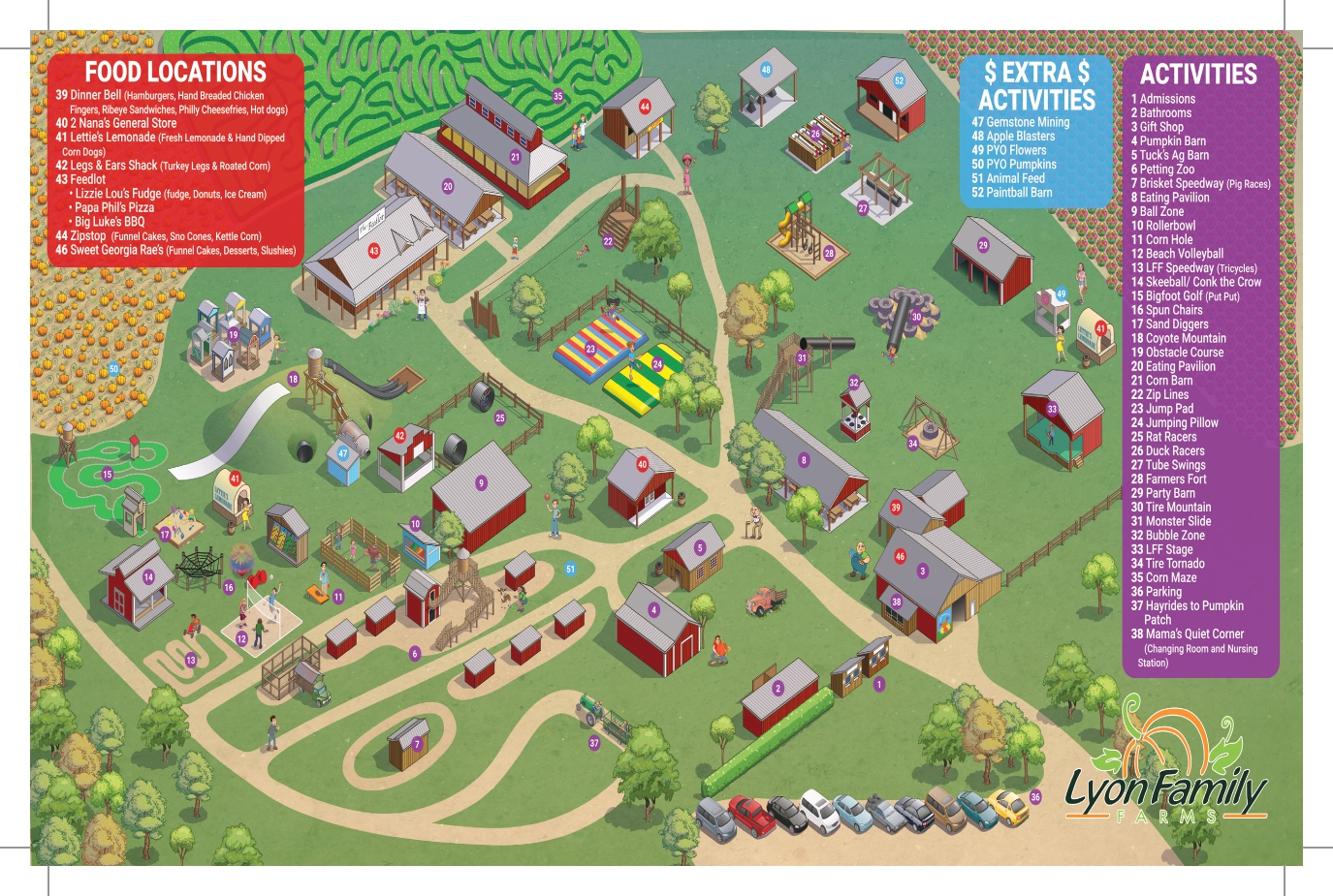 17581204102032-FLYERS2025-FRONT_page-0001 Illustrated map of Lyon Family Farms showing food locations, activities, and extra-cost activities.