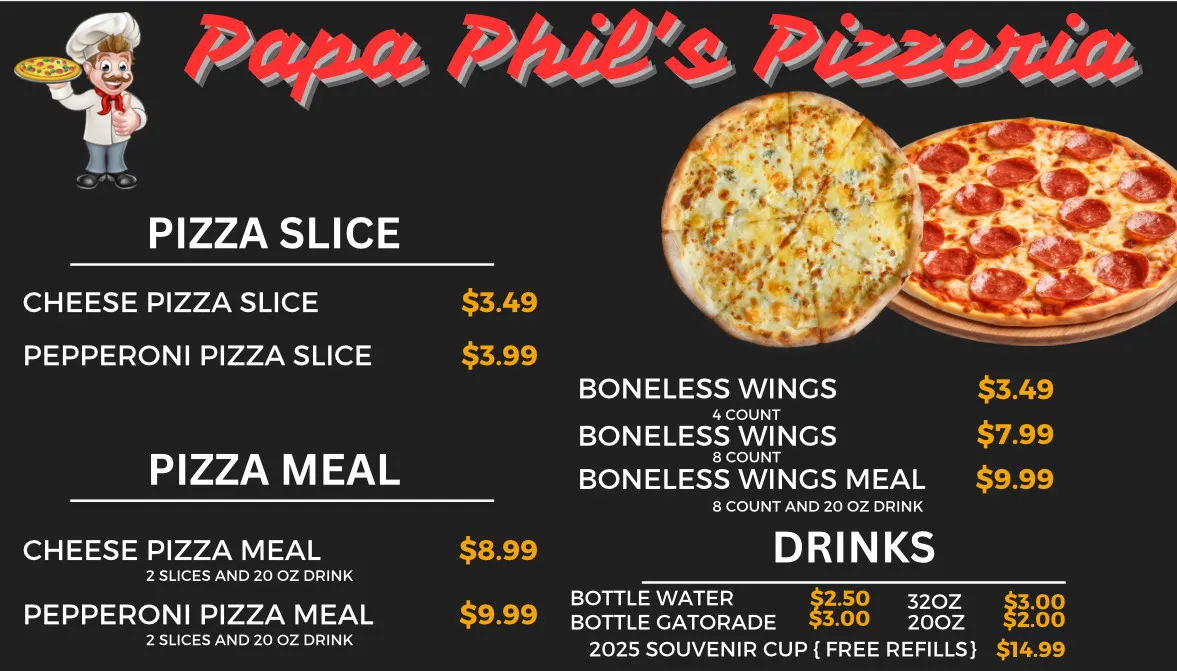 IMG_6061 Papa Phil's Pizzeria menu with pizza, wings, and drink prices on a black background.