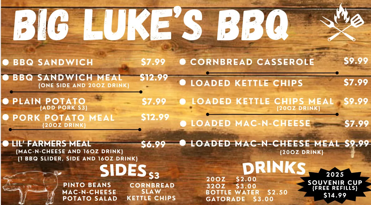IMG_6062 Big Luke's BBQ menu with items, prices, sides, and drinks on a wooden background.