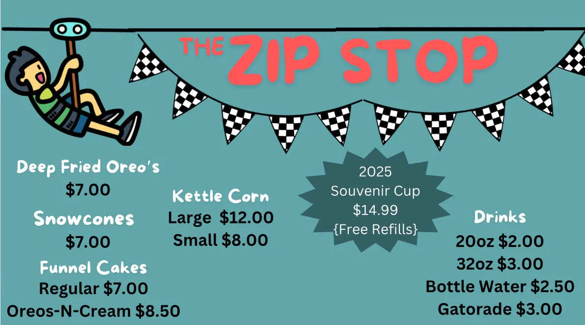 IMG_6063 Menu for The Zip Stop with snacks, drinks, and 2025 souvenir cup prices.