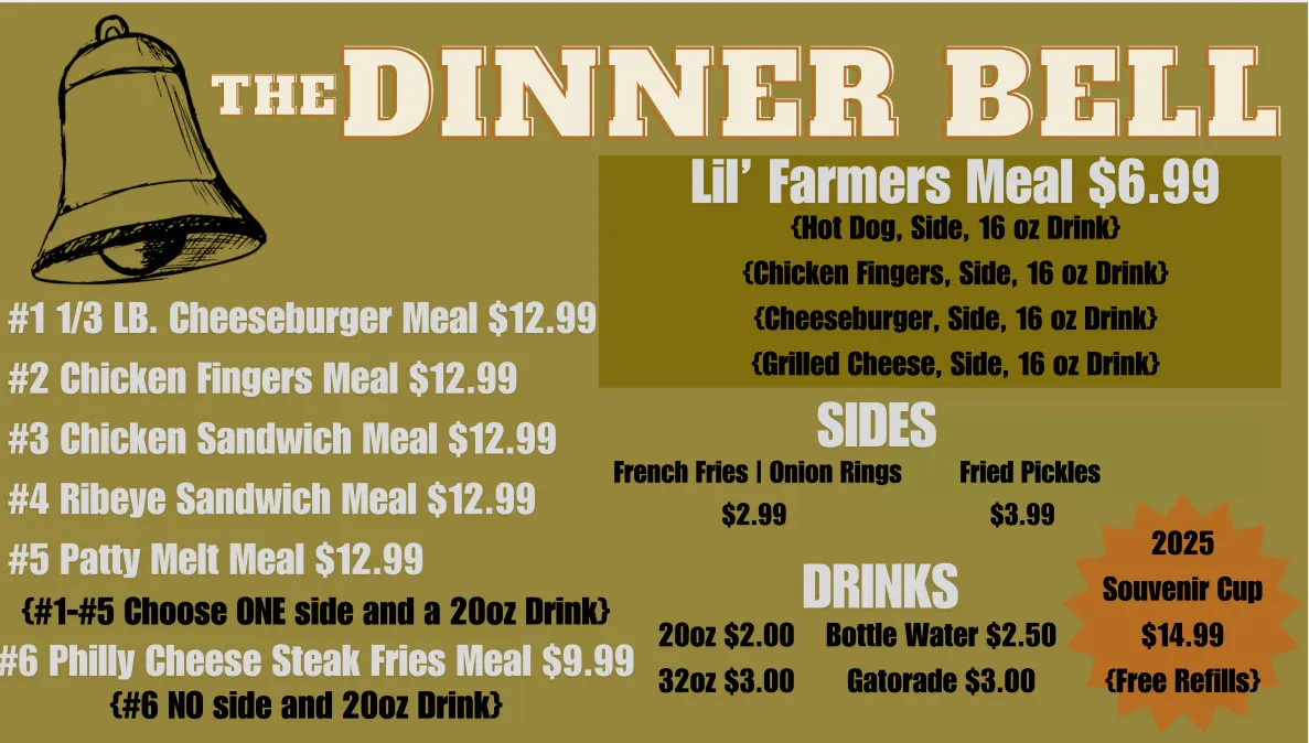 IMG_6064 The Dinner Bell menu with meal options, sides, drinks, and souvenir cup details.