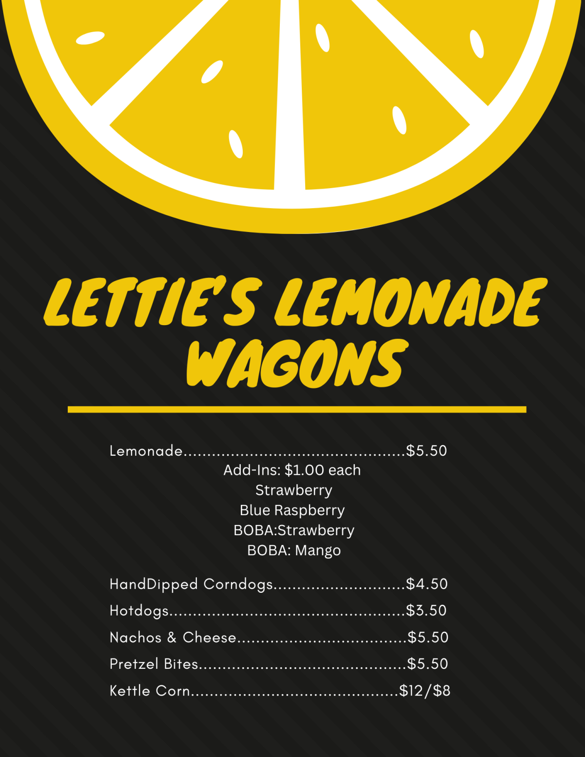 Lemonade2025Menu(2) Lemonade menu with prices for drinks and snacks from Lettie's Lemonade Wagons.