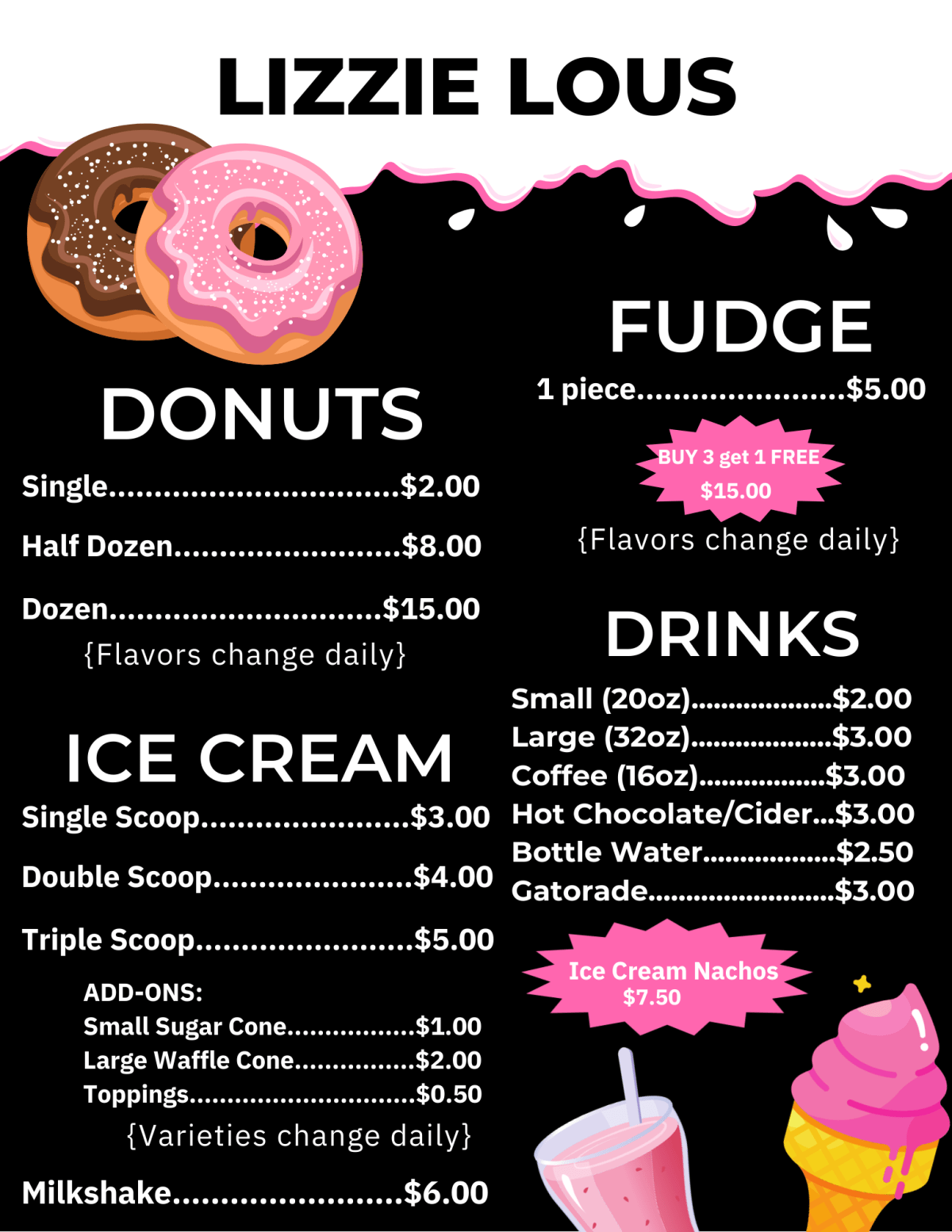 LizzieLous2025Menu Lizzie Lous menu with prices for donuts, fudge, ice cream, drinks, and add-ons.