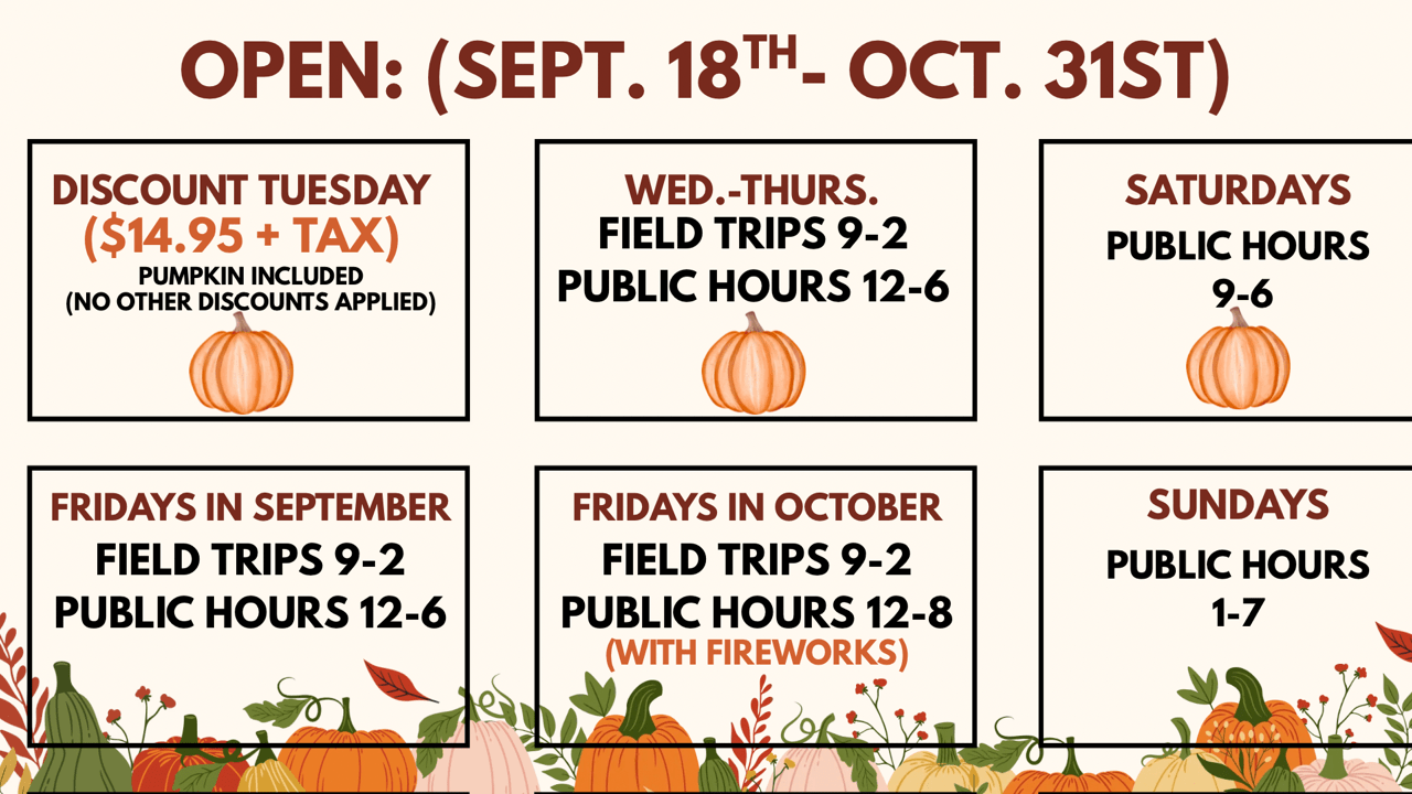 Fall schedule with field trips, public hours, and discounts; includes pumpkins and seasonal decor.