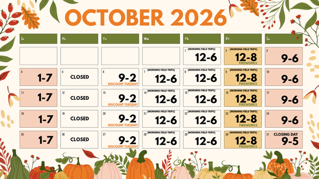 October 2026 schedule with festive fall decorations.