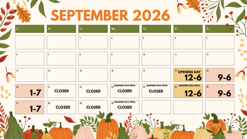 September 2026 calendar with fall decorations, some dates marked as closed.