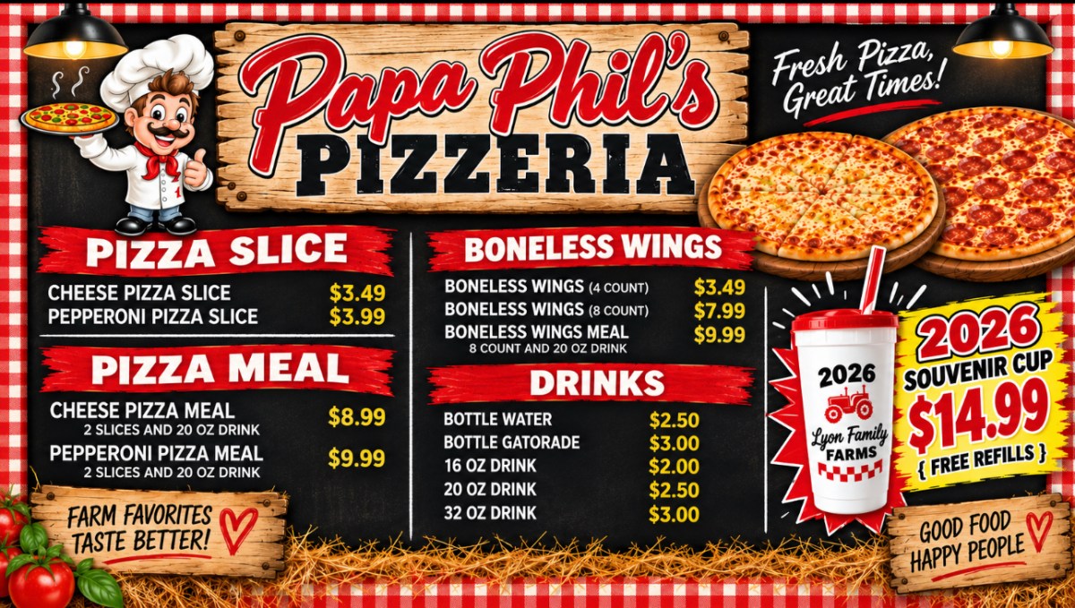 Papa Phil's Pizzeria menu with pizza, wings, and drink prices.