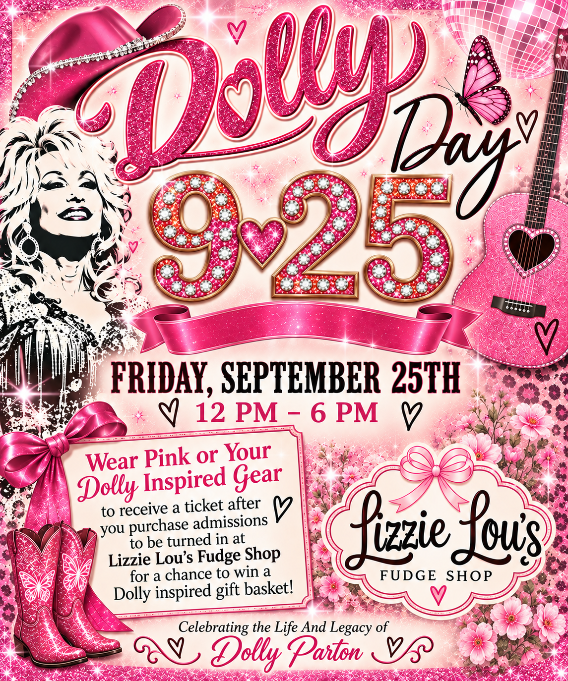 Pink-themed Dolly Day event poster with date, time, and location details.