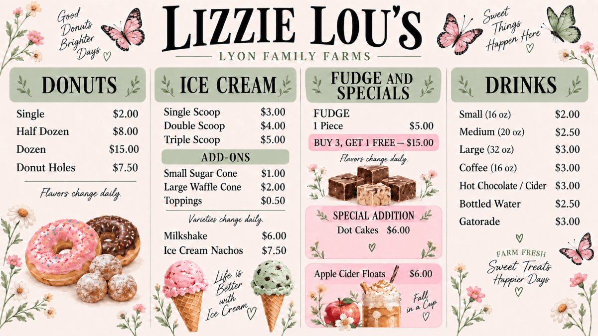 Menu featuring donuts, ice cream, fudge, specials, and drinks with prices and decorative illustrations.
