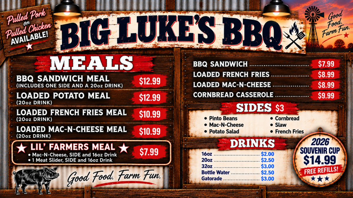 Menu for Big Luke's BBQ with meal options, sides, drinks, and prices listed.