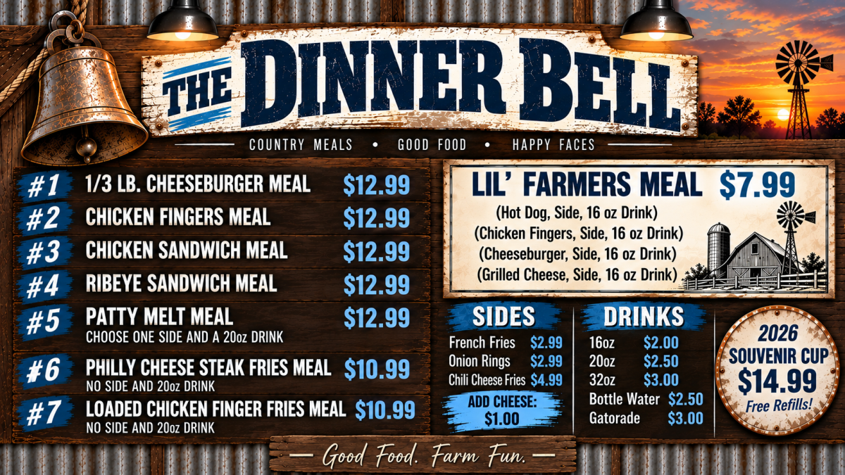 Dinner Bell menu with meal deals, sides, drinks, and pricing.