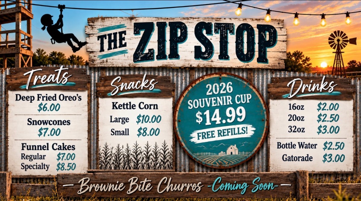 Zip Stop menu with treats, snacks, and drinks, featuring a 2026 souvenir cup offer.