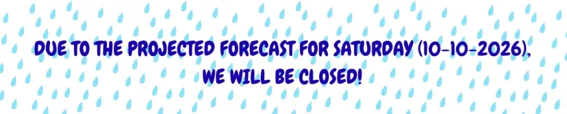 Text states closure on 10-10-2026 due to weather, with raindrop background.