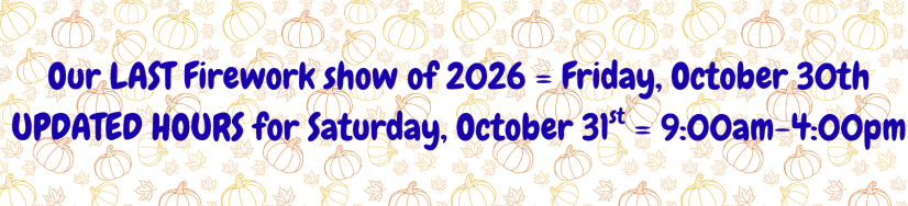 Notice of firework show on Oct 30, updated hours on Oct 31; pumpkin pattern background.