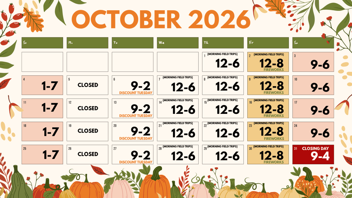October 2026 schedule with autumn leaves and pumpkins.
