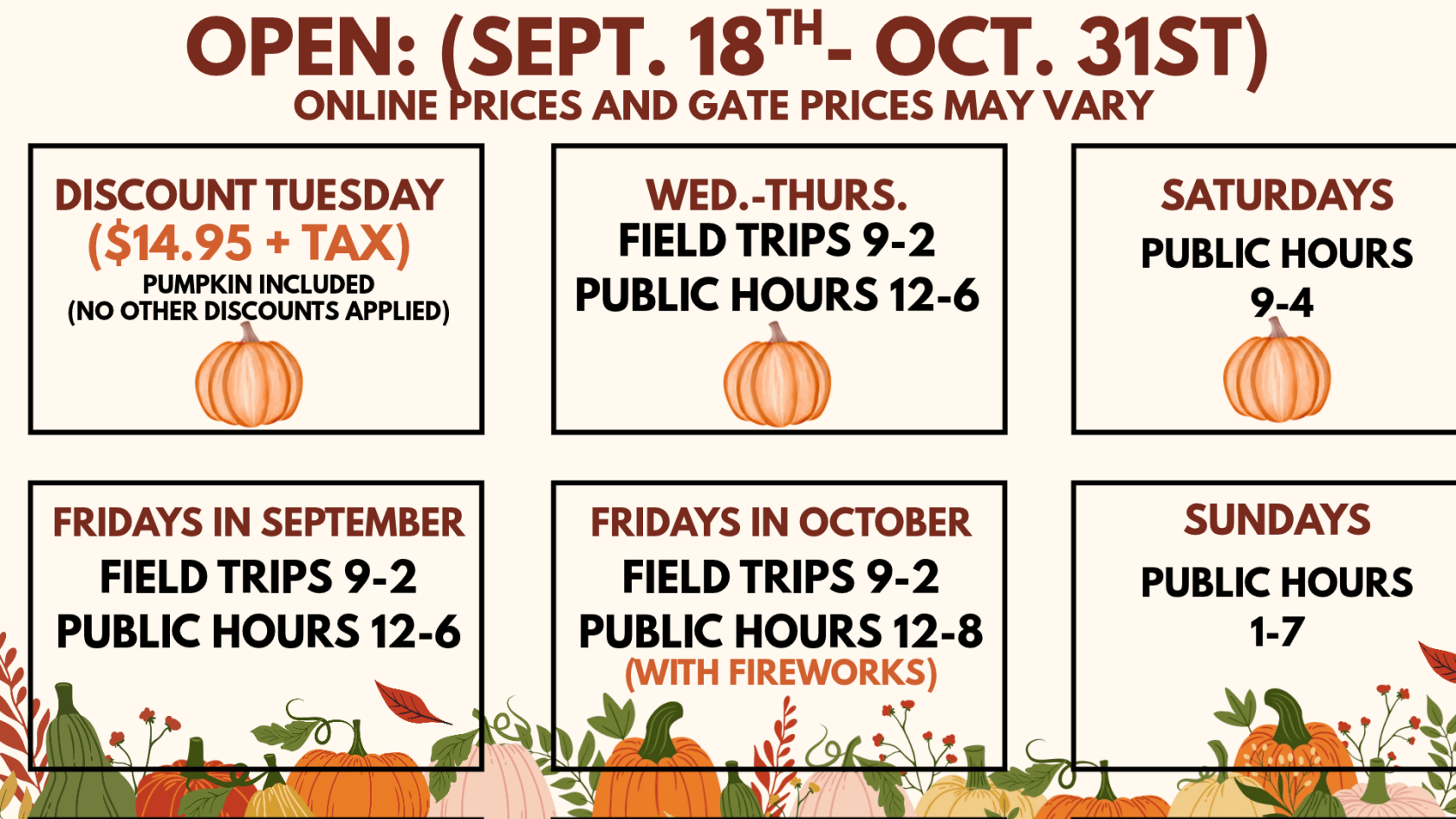 Fall schedule with dates, times, pumpkins, and autumn decor.